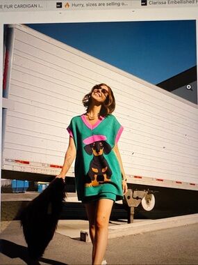 Dressed in LALA Green V-Neck Sweater with Pink Trim & Dachshund Motif